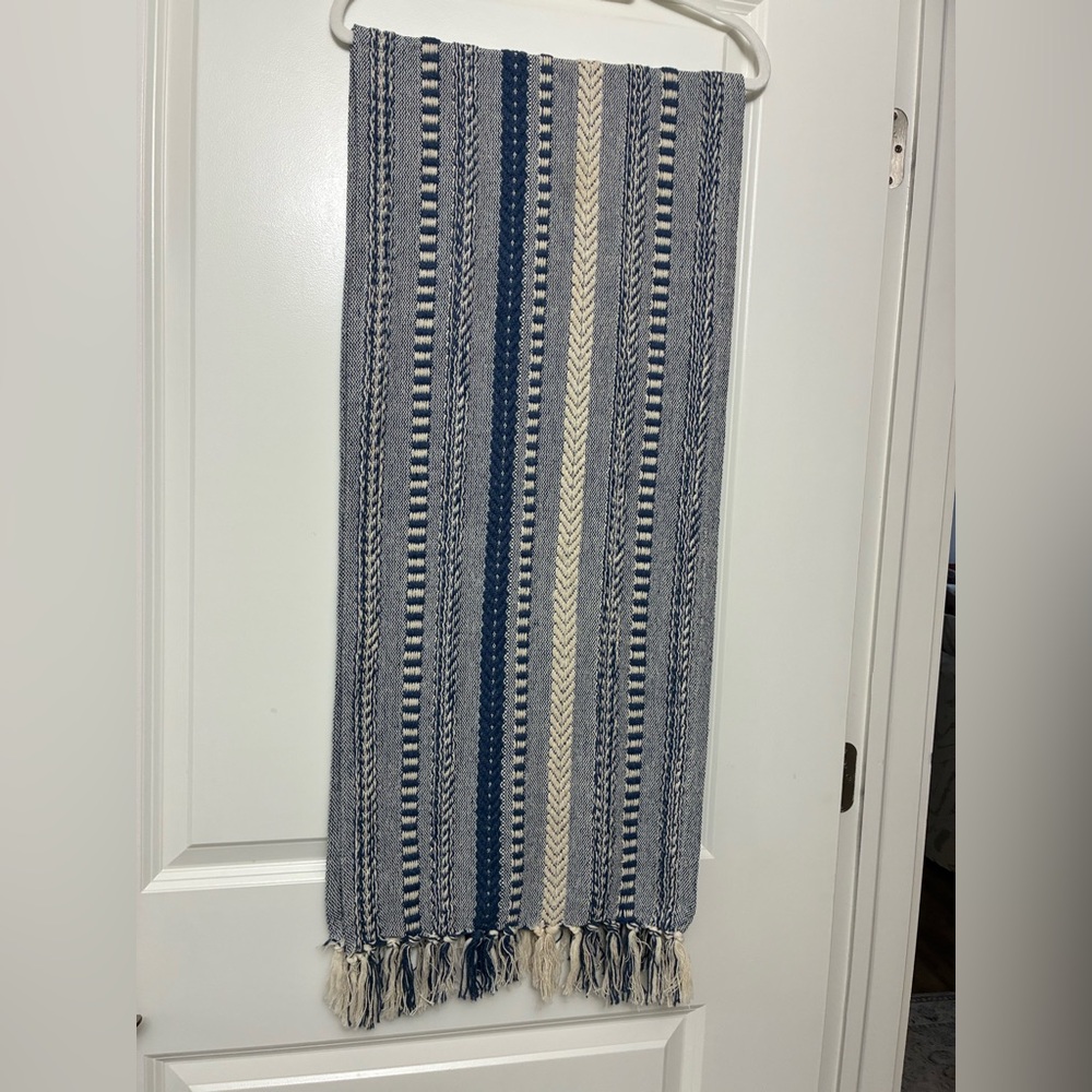 Beautiful Hobo Soft Blue and White Woven Table Runner